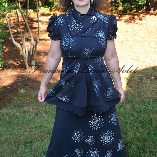 Women's puff sleeve flared tunic handmade with a dark navy cotton lycra jersey that was hand printed with silver metallic stars.