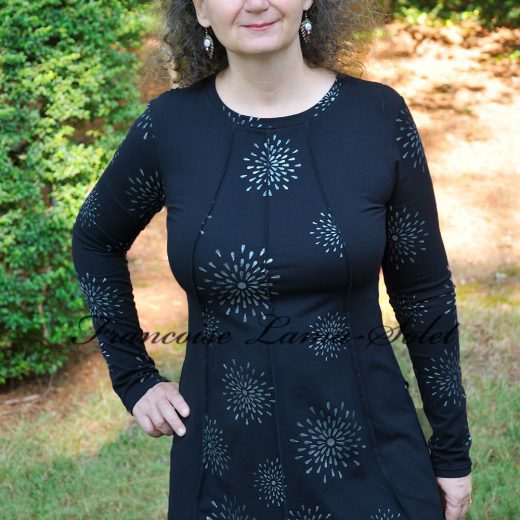 Women's a-line long sleeve tunic handmade with a navy cotton lycra jersey that was hand printed with metallic silver stars.