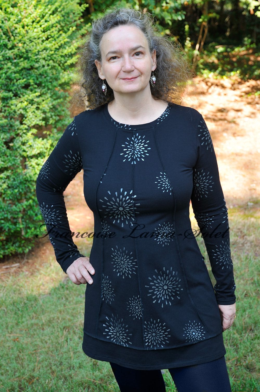 Women's a-line long sleeve tunic handmade with a navy cotton lycra jersey that was hand printed with metallic silver stars.