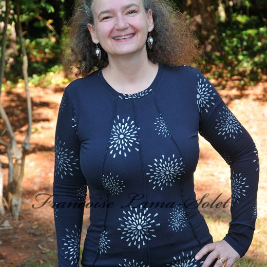 Women's navy blue long sleeve t-shirt hand printed with silver stars.
