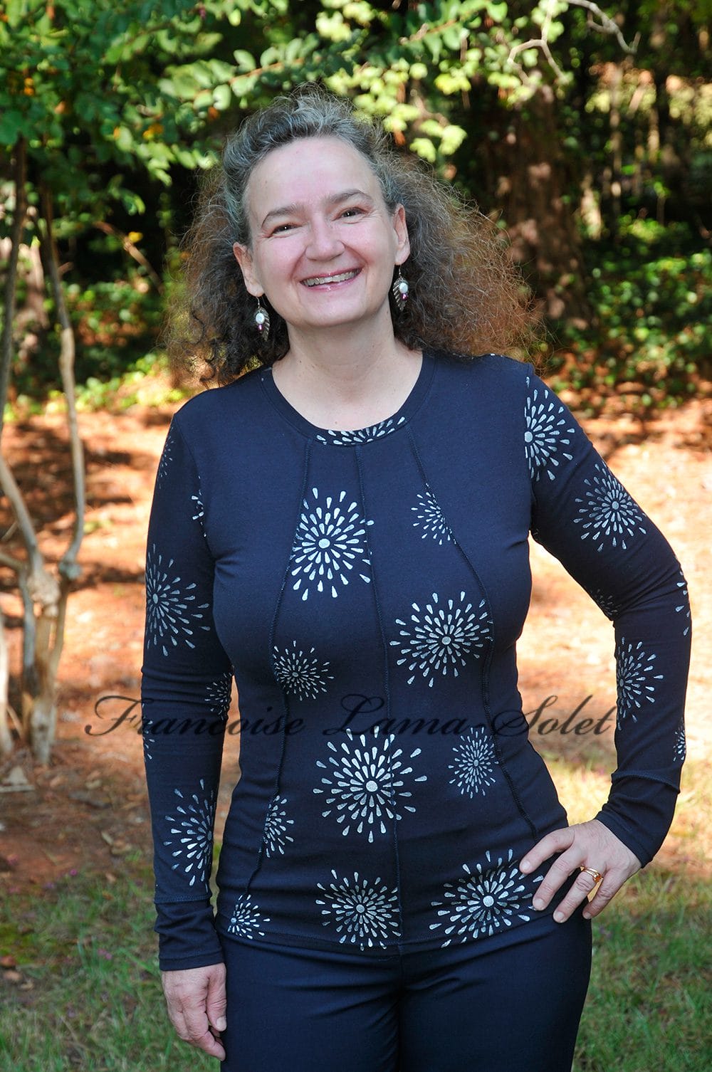 Women's navy blue long sleeve t-shirt hand printed with silver stars.