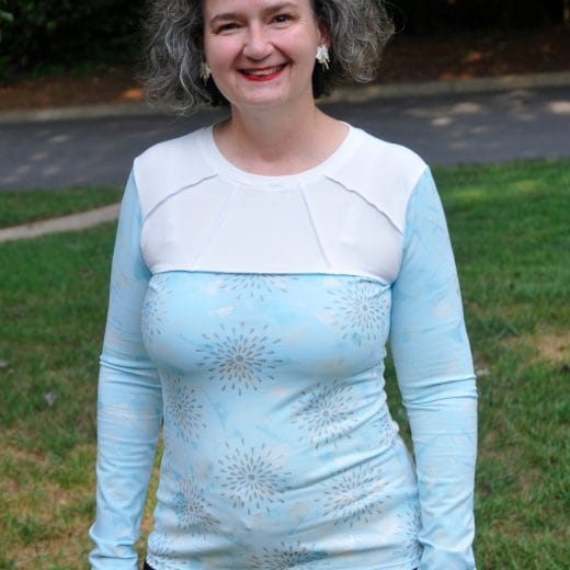 Women's long sleeve light blue and off white t-shirt handmade and hand printed