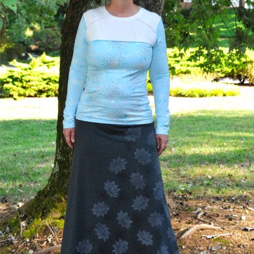 Women a-line maxi skirt handmade with a charcoal cotton jersey and hand printed with lotus flowers