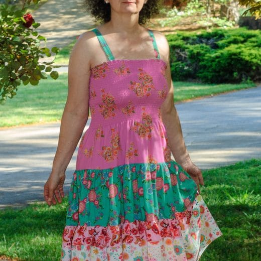 Pink and green ruffled tiered sundress handmade with a mix of floral cotton prints