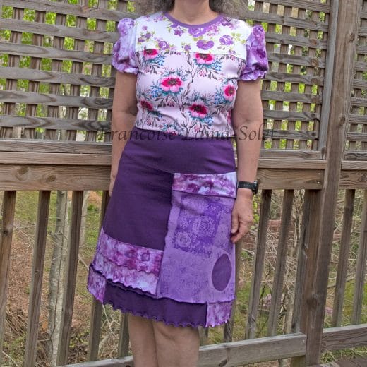 Women's purple a-line skirt handmade with a mix of hand dyed and hand printed jerseys