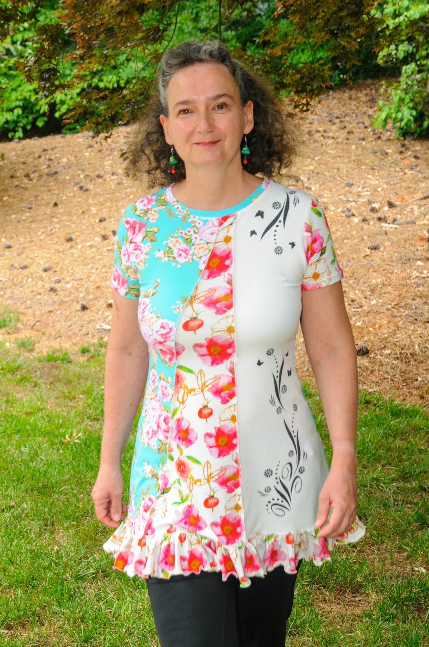 Women a-line short sleeve ruffle tunic handmade and hand printed with a different floral cotton jerseys.