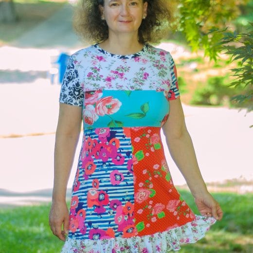 Women's a-line short sleeve tunic handmade with a combination of colorful floral and damask cotton jerseys.