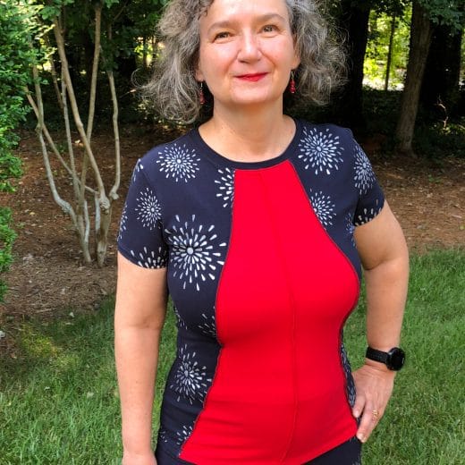Women's short sleeve red and navy t-shirt hand printed with stars