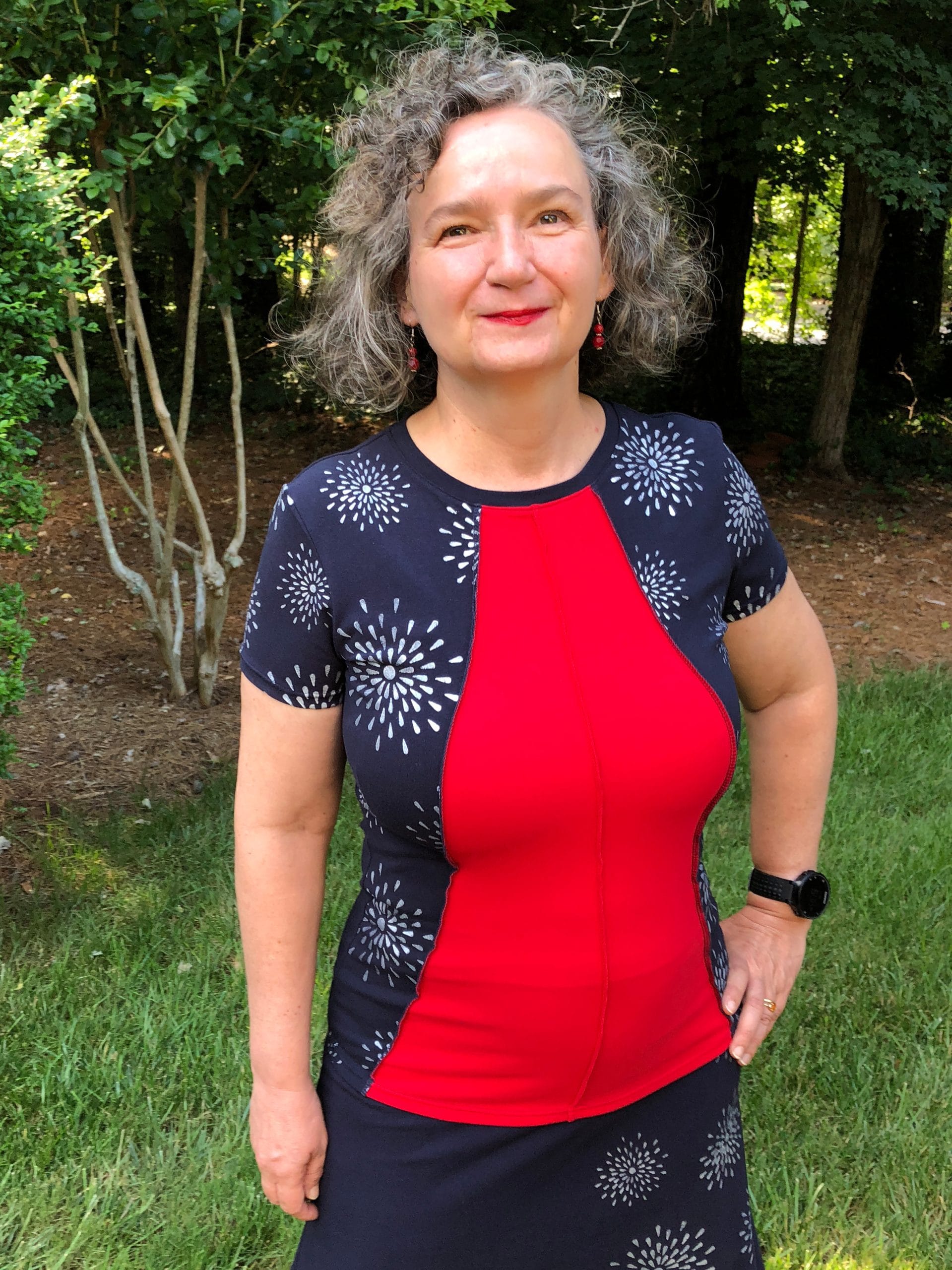 Women's short sleeve red and navy t-shirt hand printed with stars