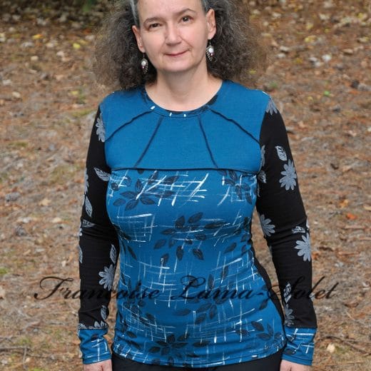 Women's black and teal long sleeve t-shirt handmade and hand printed with flowers