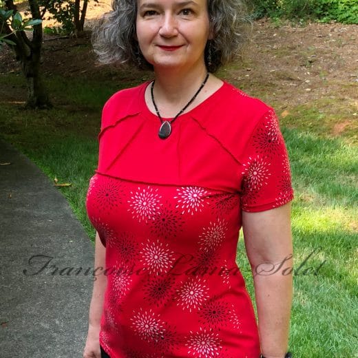 Red women's t-shirt handmade hand hand printed with black and white stars