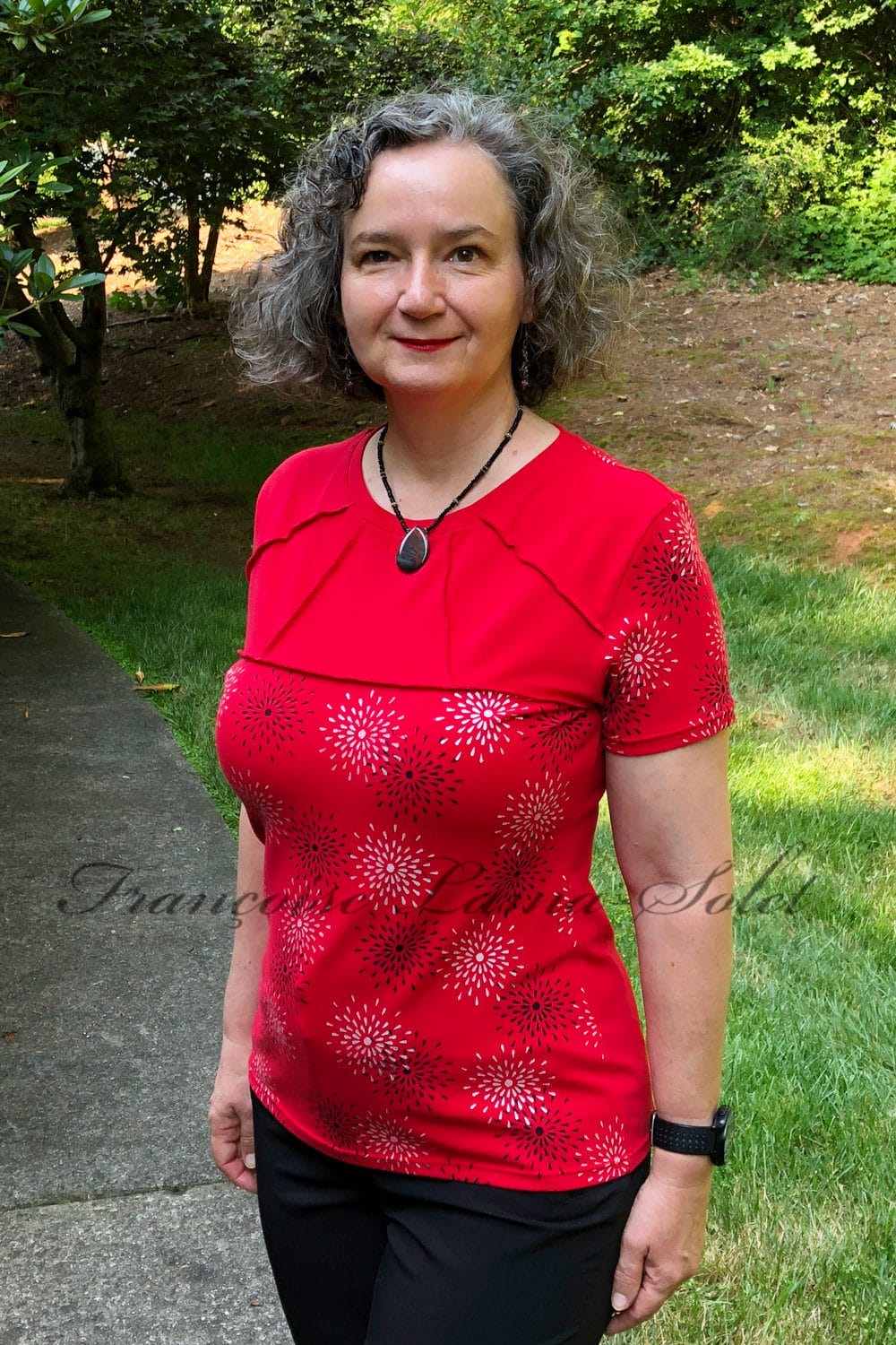 Red women's t-shirt handmade hand hand printed with black and white stars