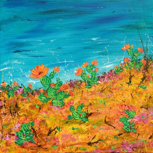 Vibrant seascape painting featuring a view of the ocean and blooming cacti