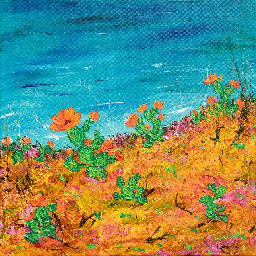 Vibrant seascape painting featuring a view of the ocean and blooming cacti