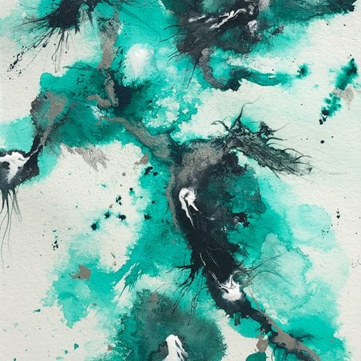 Mint, black and silver Contemporary artwork on watercolor paper.