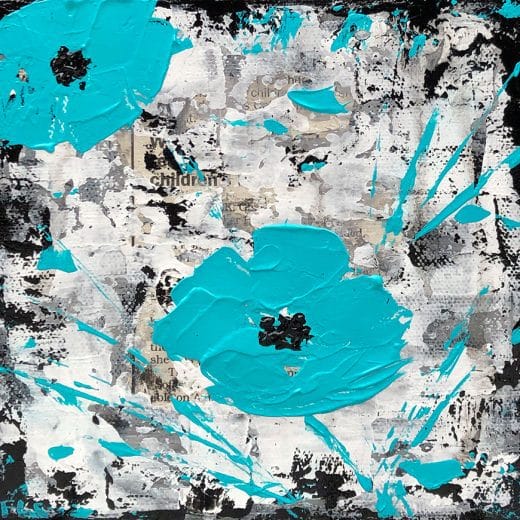 Original mixed media acrylic painting featuring teal poppies