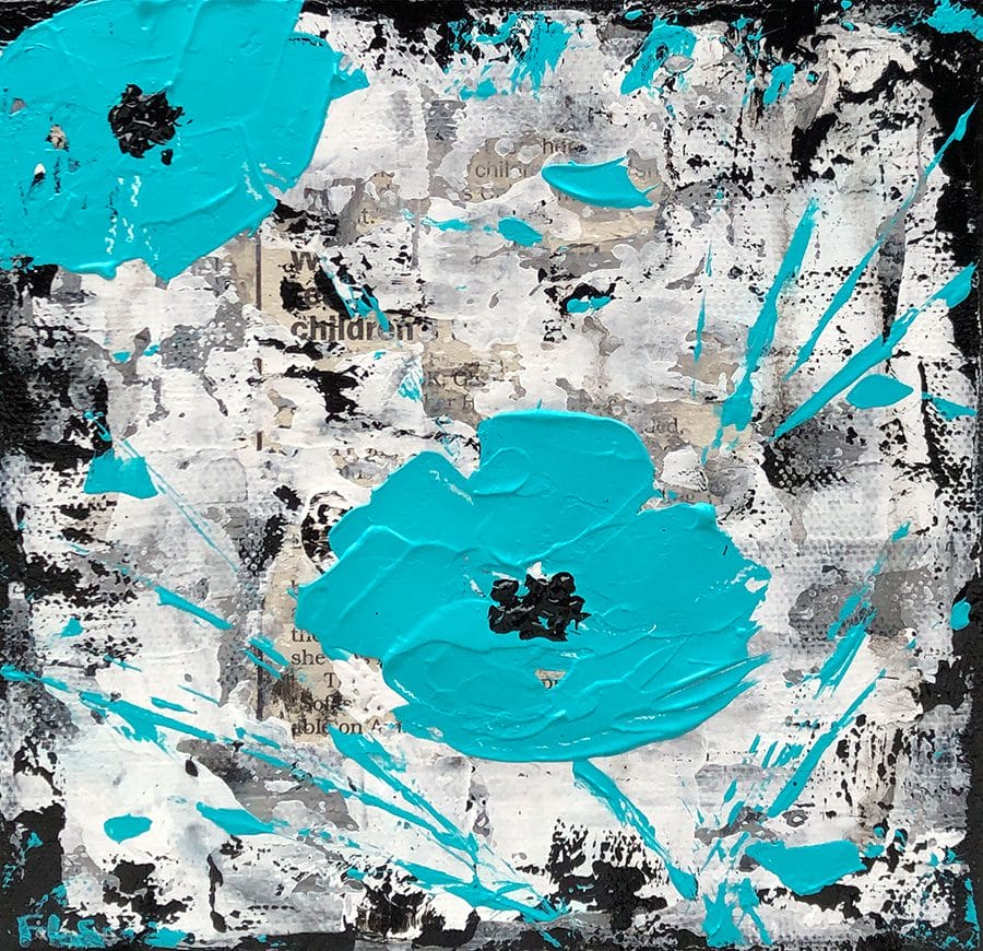 Original mixed media acrylic painting featuring teal poppies