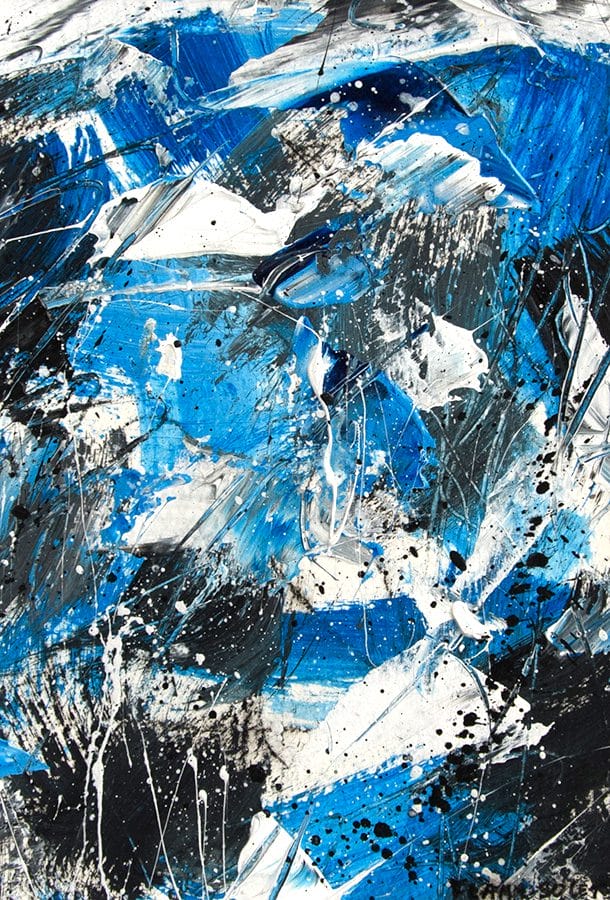 Blue, white and black original abstract painting on paper size 5" x7 "