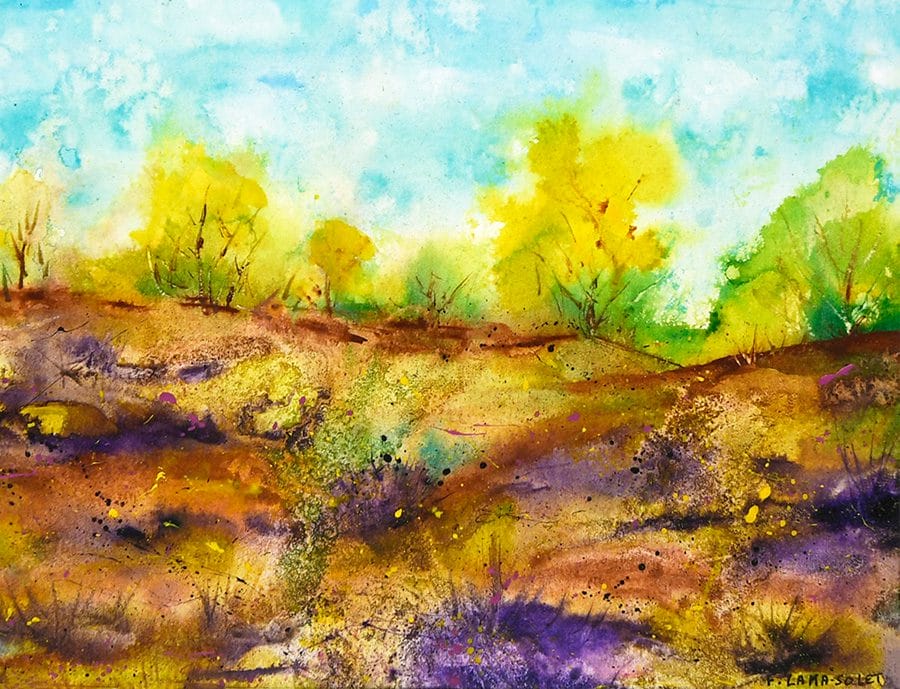 Impressionist landscape painting hand painted with acrylic on watercolor paper size 8" x 10"
