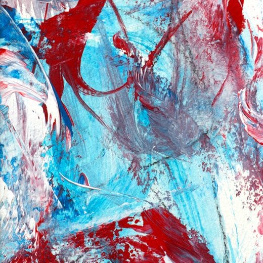 Small red, blue and white acrylic abstract painting on watercolor paper