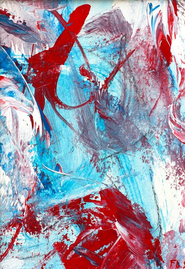 Small red, blue and white acrylic abstract painting on watercolor paper