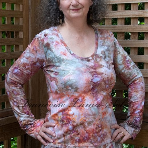 Handmade and hand-dyed long-sleeve top featuring a unique ice-dyed pattern in shades of coral, maroon, gray, and olive green