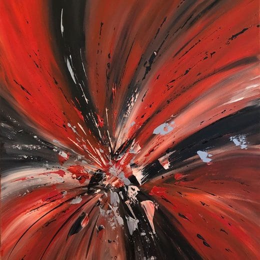 Red and black abstract painting with silver accents, featuring dynamic brushstrokes and palette knife details on a 16x20-inch stretched canvas
