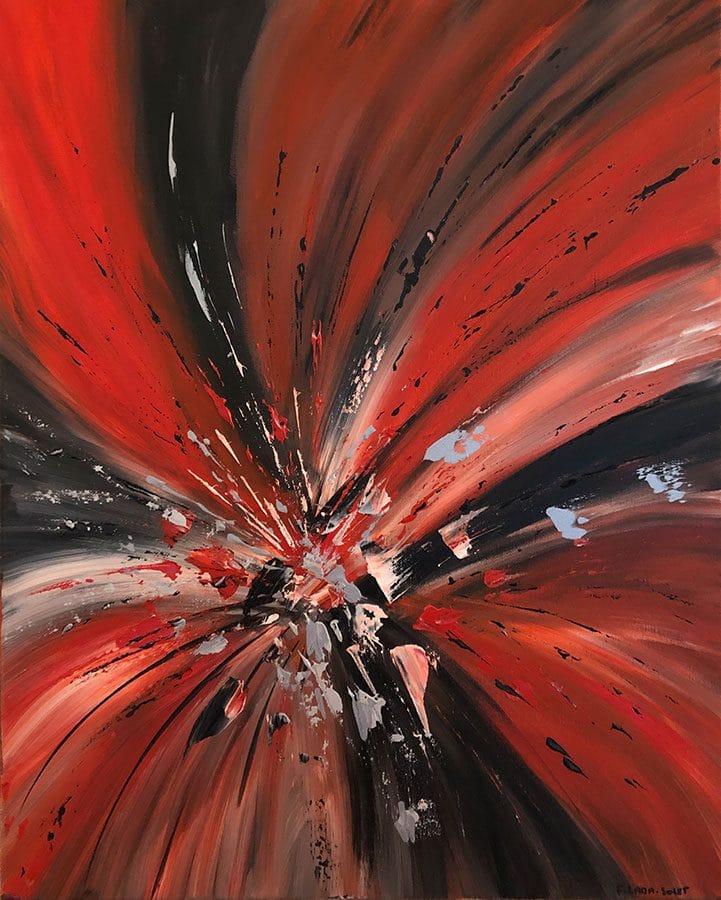 Red and black abstract painting with silver accents, featuring dynamic brushstrokes and palette knife details on a 16x20-inch stretched canvas