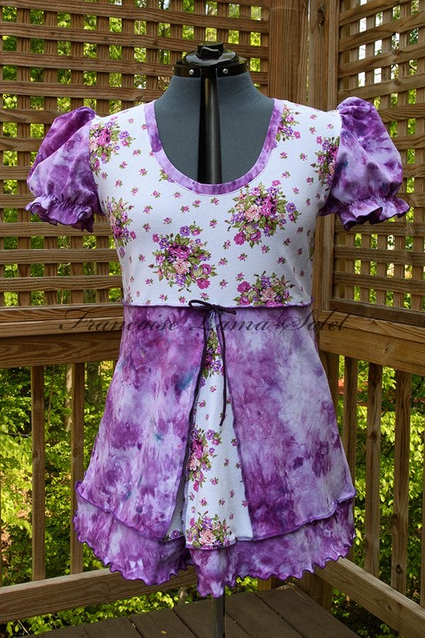 Women's puff sleeve tunic swing top handmade with a floral cotton jersey and a hand dyed purple jersey.