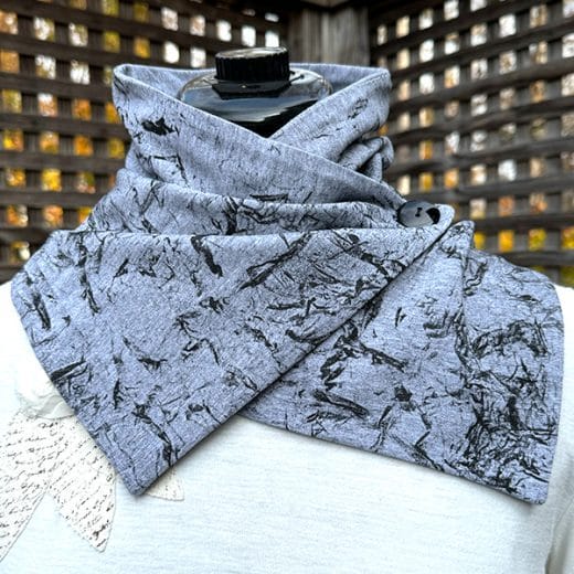 Women handmade and hand printed grey and black neck scarf with abstract art print.