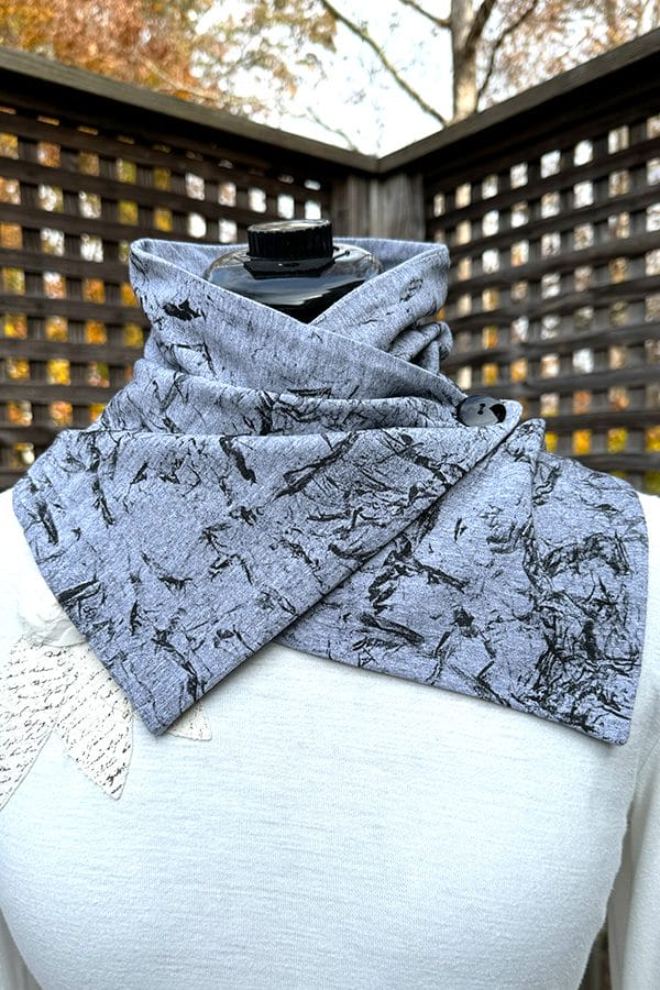 Women handmade and hand printed grey and black neck scarf with abstract art print.