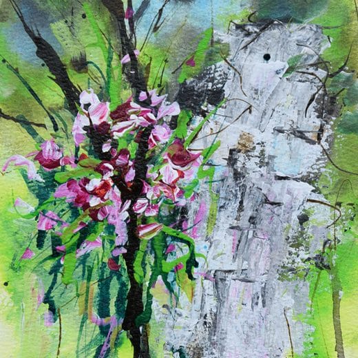 Contemporary impressionist landscape painting of a rain forest with waterfalls and orchids