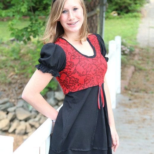 Women's puff sleeve tunic swing top handmade with a black jersey and combined with a red paisley print