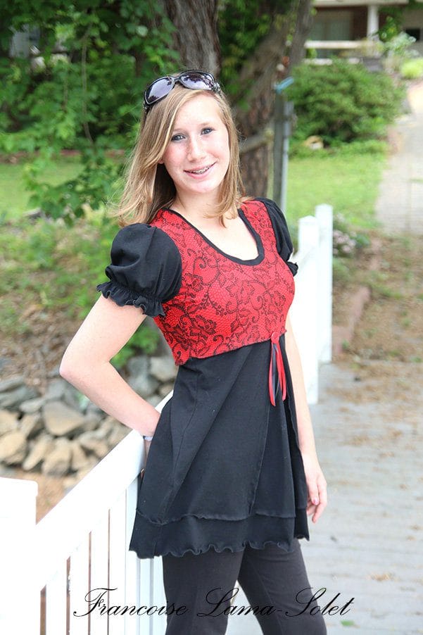 Women's puff sleeve tunic swing top handmade with a black jersey and combined with a red paisley print