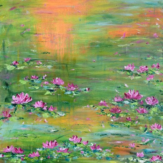 Original acrylic impressionist landscape painting featuring a sunset over a water lily pond
