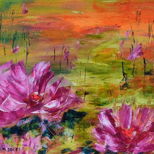 Original acrylic painting of a sunset over a waterlily pond size 8" x 10".