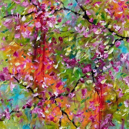 Vibrant original impressionist abstract acrylic floral painting featuring spring blossoms