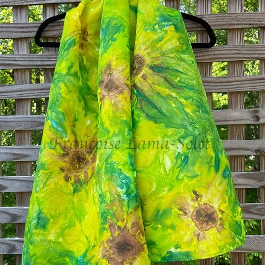Women's hand painted yellow and green sunflower silk scarf