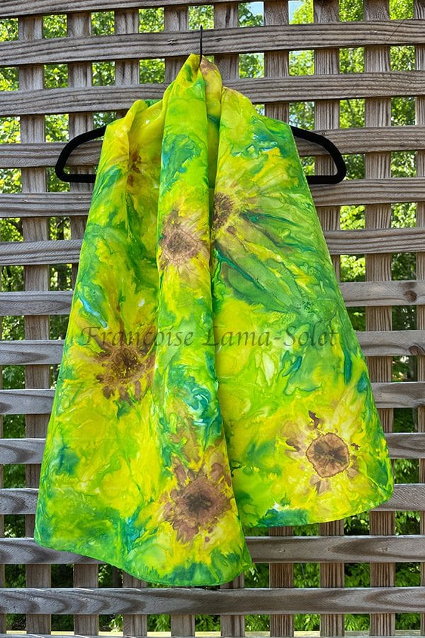 Women's hand painted yellow and green sunflower silk scarf