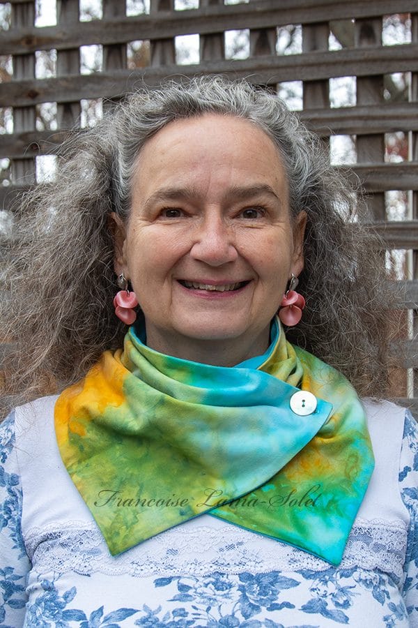 Women button neck scarf handmade and hand dyed in different shades of green, turquoise and marigold.