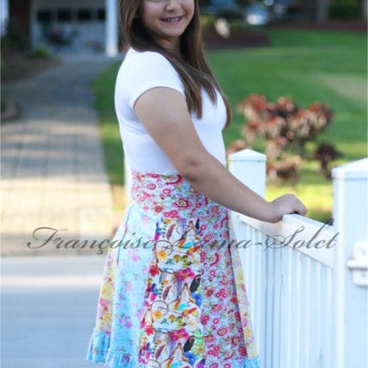Yoga waist knee length ruffled skirt made out of floral cotton jerseys.