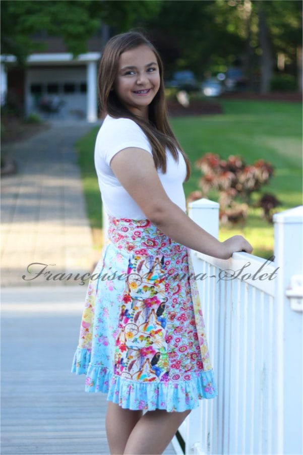 Yoga waist knee length ruffled skirt made out of floral cotton jerseys.