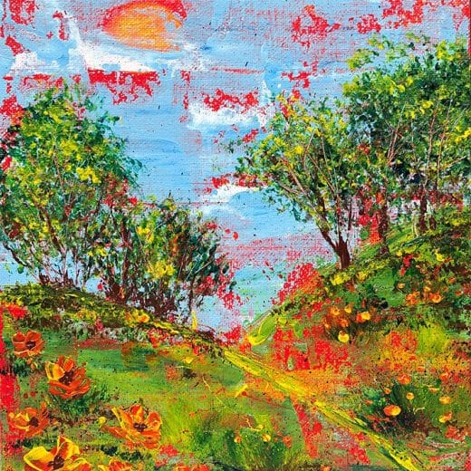 Vibrant impressionist landscape painting with California poppies hand painted on panel size 8" x 10"