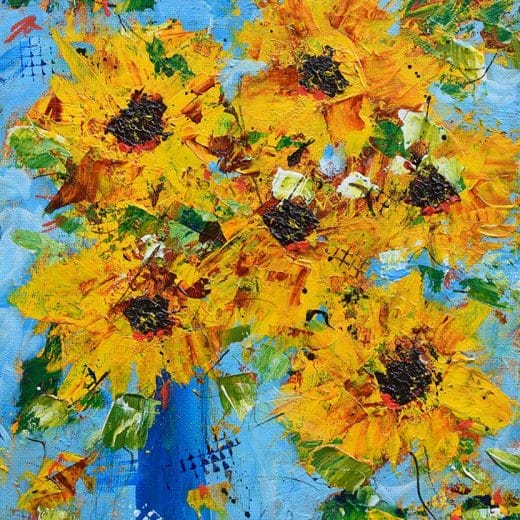 Vibrant impressionist painting of a sunflower bouquet in a blue vase