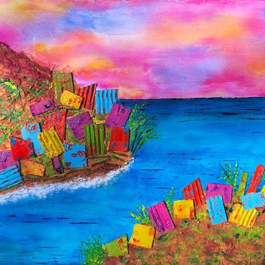 Elevate your space with this unique textured landscape painting, inspired by the colorful seaside of Italy. The perfect addition for art lovers!