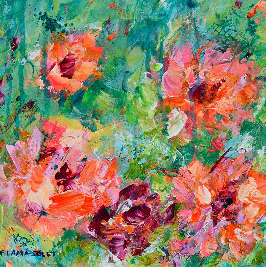 Small abstract floral painting hand painted with vibrant green and orange colors on wood panel