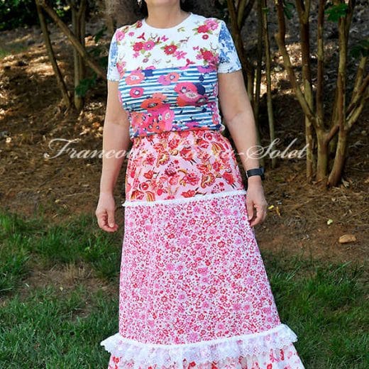 Women's aline floral long skirt handmade with red, pink and white floral cotton fabrics and white lace.