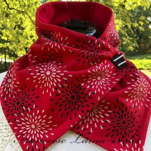 Women's handmade red neck scarf hand printed with black and white stars.