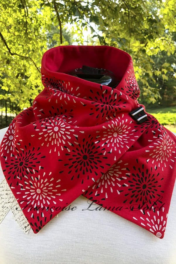 Women's handmade red neck scarf hand printed with black and white stars.