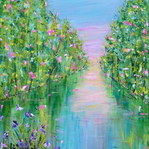 Original impressionist landscape painting featuring blossoming trees reflecting in a lake surrounded by irises